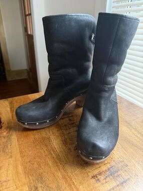 UGG Black Leather Clog Booties with Studded Wooden Sole
